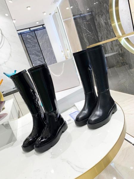 

boots women shoes winter large size round toe square heels platform slip on genuine leather stretch knee high zapatos de mujer, Black