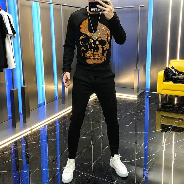 

men's tracksuits autumn winter warm pullover diamond exaggerated big skull + pants slim tracksuit classic sets, Gray