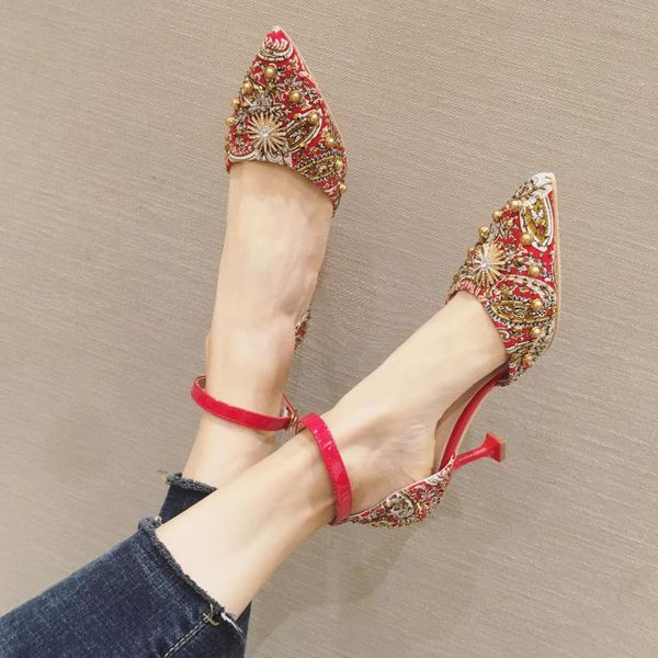 

upscale wedding crystal rivets pointed toe women sandals thin high heels shoes buckle band cover femmes sandales2021, Black