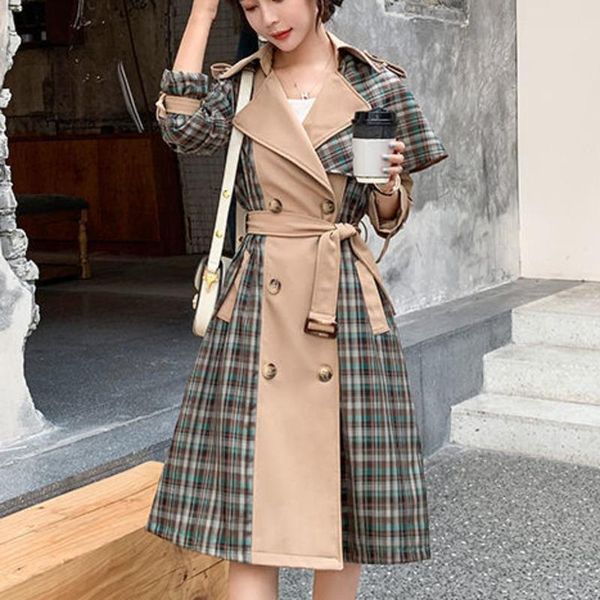 

women's trench coats [ewq] korea casual trend women lapel plaid stitching loose fashion lace-up long-sleeved windbreaker jacket autumn, Tan;black