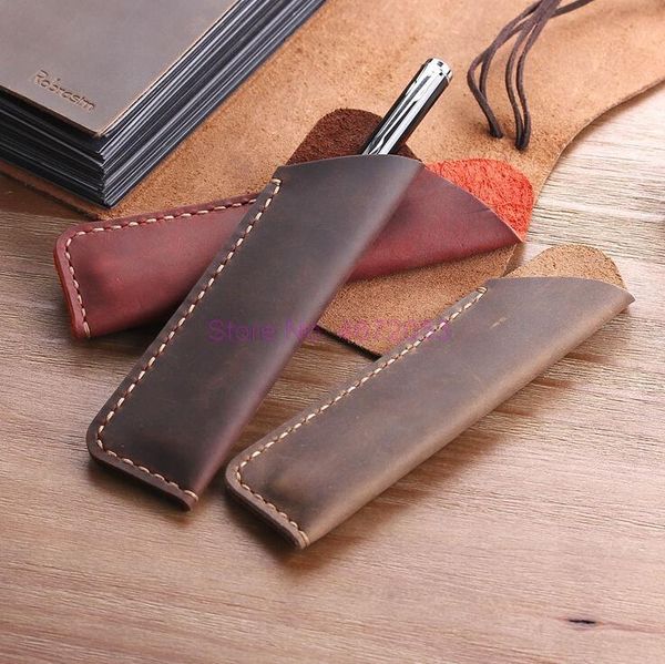 

pencil bags 100pcs/lot genuine leather pen pouch holder double bag case sleeve for fountain/ballpoint pen, travel diary cover