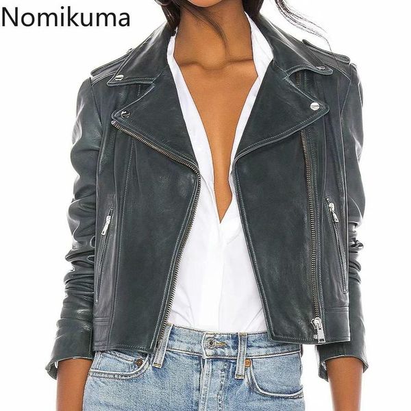 

nomikuma slim short motor-cycle pu leather coat 2021 autumn winter women jakcet zipper long sleeve outerwear 6b962 women's jackets, Black;brown