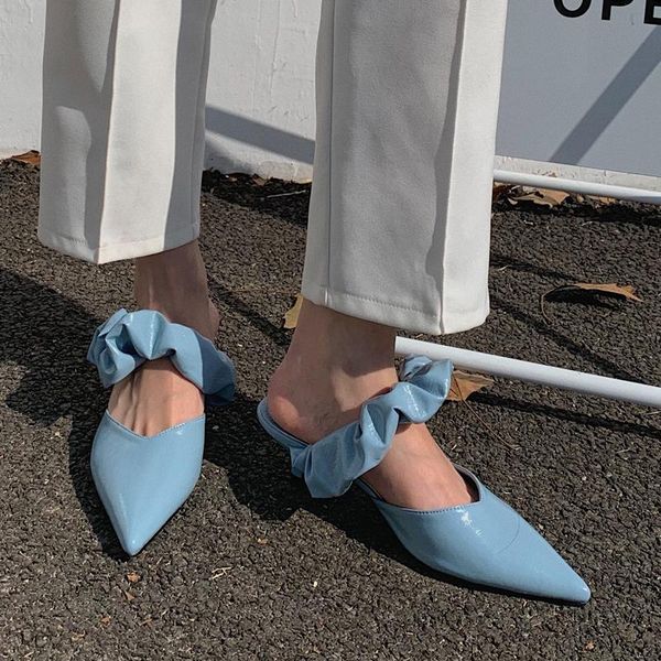 

slippers 2021 women fashion slip on mules heel slides shoes for woman pleated pointed toe sandals female thick heels, Black