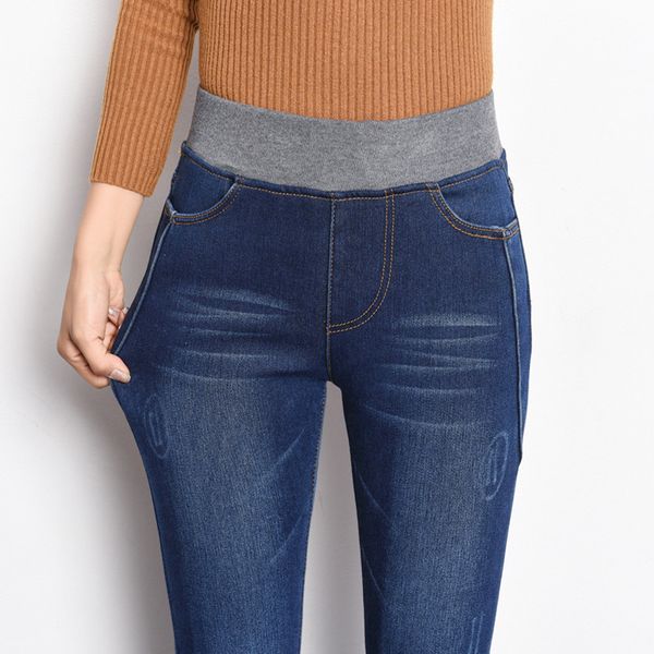 

women's jeans pencil waist autumn and winter jeans plush pants small foot new fat elastic large, Blue