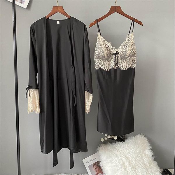 

lisacmvpnel eyelash lace women sleepwear robe set ice silk soft touch pyjamas, Black;red