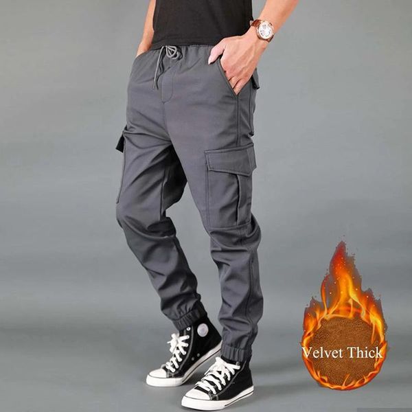 

men's pants plus size 4xl winter hip hop fleece cargo joggers sweatpants overalls male streetwear harem pant thick long trousers, Black