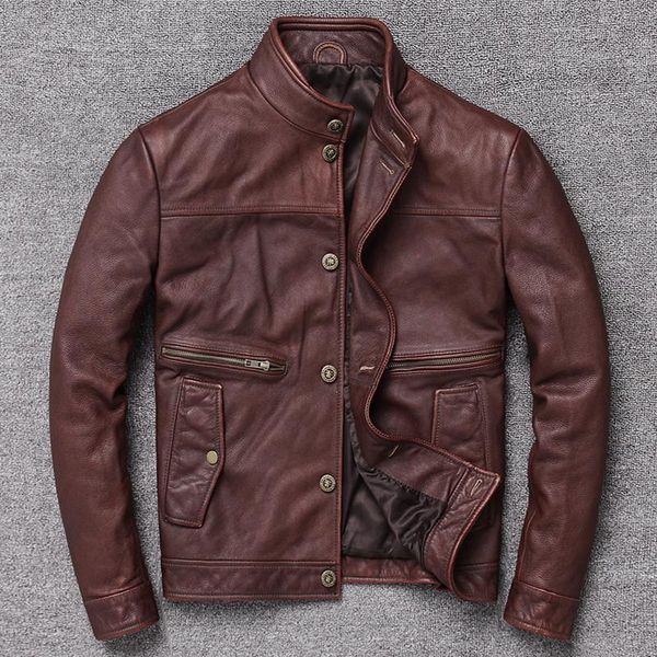 

men's leather & faux youth genuine first layer cowhide vintage brown-red jacket fashion slim-fit motorcycle coat, Black