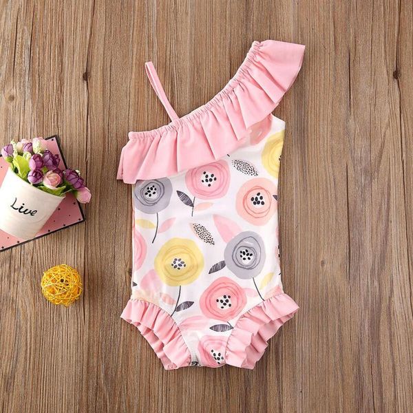 

born kid baby girl one shoulder floral swimwear one-piece swimsuit outfit set tropical cute one-pieces, Black