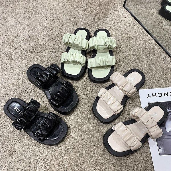 

slippers female shoes square toe rubber flip flops low multicolored sandals ladies' platform luxury slides 2021 hawaiian designe, Black