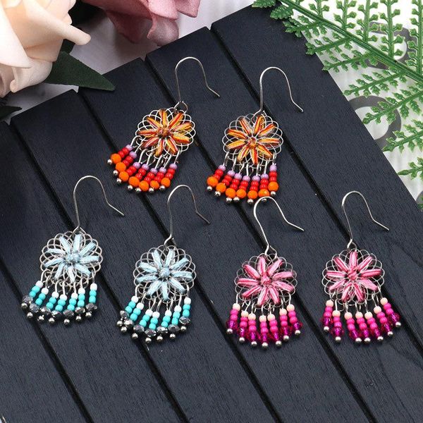 

dangle & chandelier ethnic round dreamcatcher flower earrings for women classic blue stone beads tassel wedding jewelry hangers, Silver