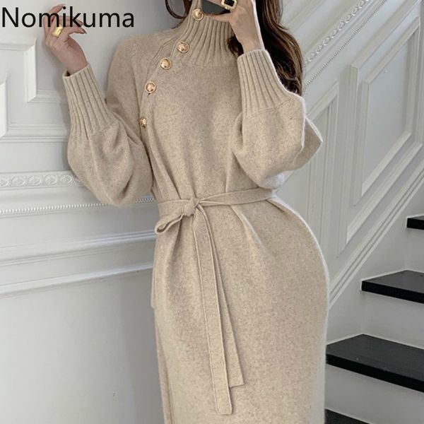 

nomikuma buttons turtleneck sweater dresses long sleeve slim waist up casual loose knitted mid calf dress women robe femme 3d751 210514, Black;gray