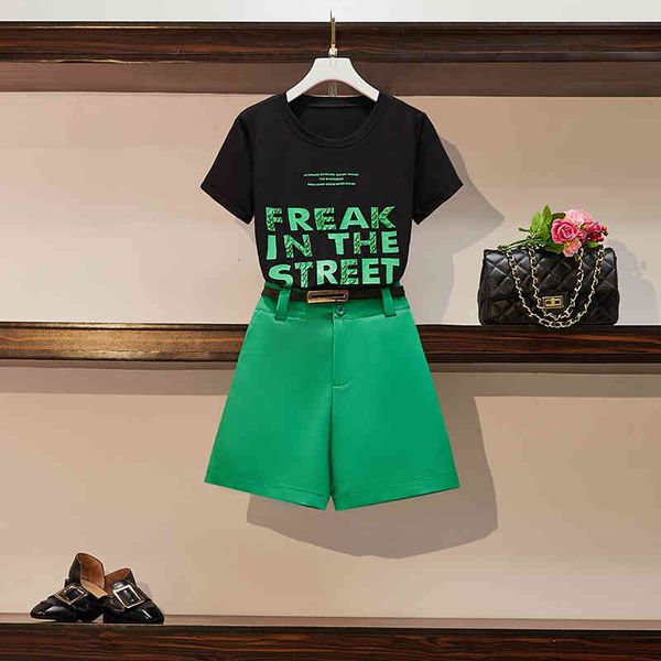 

women's two piece pants women 2021 summer cotton t-shirt letter printing casual + shorts elastic waist wide leg suit set 2 an, White