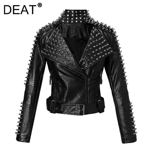 

women's leather & faux [deat] 2021 autumn winter fashion tide long sleeve turn-down collar rivet personality loose pu jacket women 13z9, Black