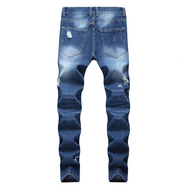 

men casual jeans hiphop denim pants knees holes ripped distressed bleached scratched fashionable high qulaity, Blue