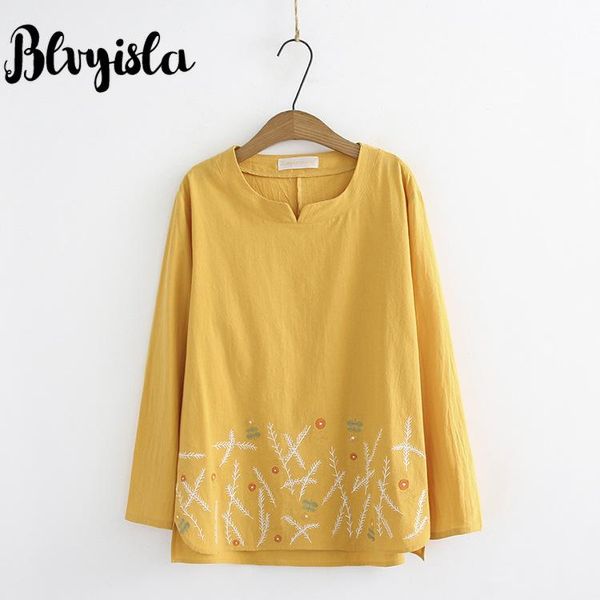 

loose oversize embroidered long-sleeved cotton shirt overweight female retro chic blouse plus size pullover women's blouses & shirts, White