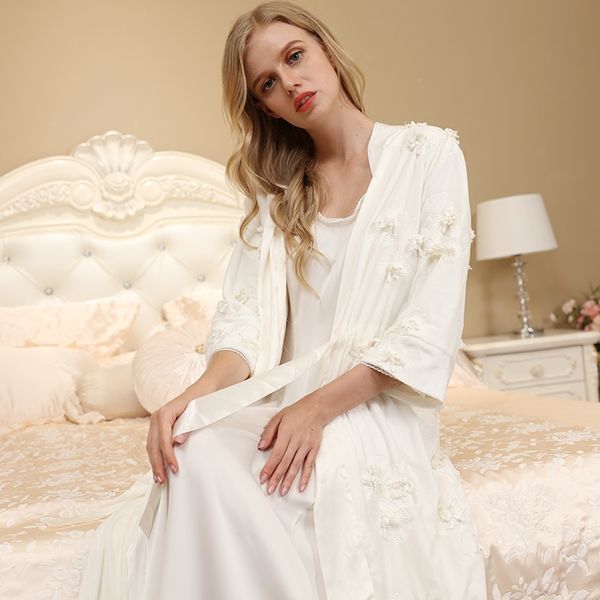 

pyjamas elegant robe sleepwear women nightgown set for female bathrobe european nightwear ladies two-piece suit high quality, Black;white