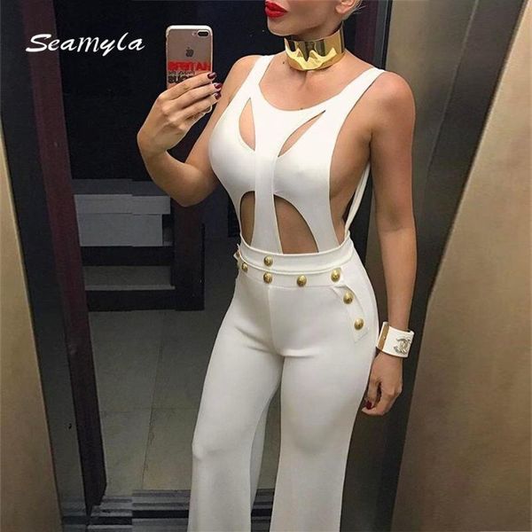 

women's jumpsuits & rompers seamyla hollow out jumpsuit sleeveless metal button women 2021 party bodycon bandage, Black;white