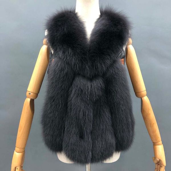 

women's fur & faux authentic jacket natural fashion vest v-neck, Black