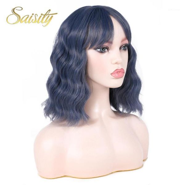 

saisity ombre bangs short wavy for women synthetic hair wig resistant blue tones heat hair1, Black