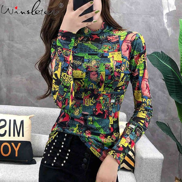 

women's t-shirt fall winter european style t shirt fashion turtleneck vintage cartoon print mesh women ropa mujer all match t, White