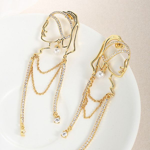 

s925 silver needle pearl long ear line hollow out human chain earrings bohemian style personalized earrings net red earrings, Golden