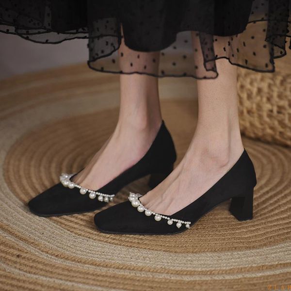 

dress shoes suede women's fashion shallow mouth high heels zlah handmade beaded thick heel single women pumps, Black