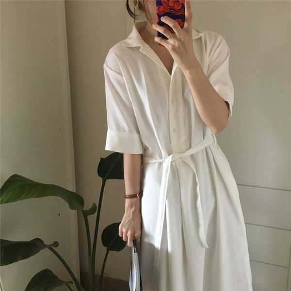 

casual dresses bgteever elegant oversized women white shirt dress v-neck lace up female single-breasted long vestidos femme 2021, Black;gray