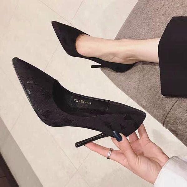 

dress shoes women pumps fashion all match thin high heel pointed toe flock wedding heels solid black luxury ladies