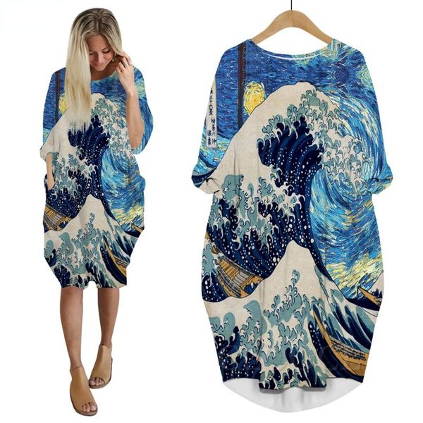 

casual dresses cloocl ukiyoe kanagawa surfing dress 3d printed long sleeve skirts fashion female streetwear women pocket drop, Black;gray