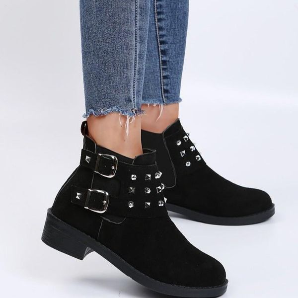 

boots 2021 style fashion shoes women pu vintage belt buckle women's rivet bare thick heel short, Black