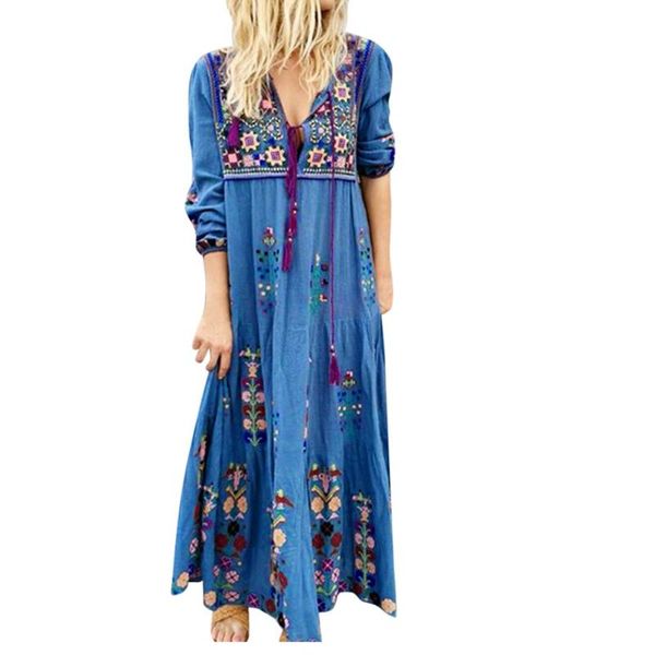 

casual dresses female embroidery floral print long sleeve draped dress v-neck straight maxi comfy daily vestido robe, Black;gray