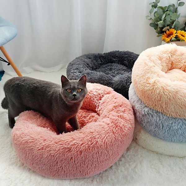 

cat beds & furniture long plush bed house soft round winter pet dog cushion mats for small dogs cats nest warm puppy kennel 50/60/70cm