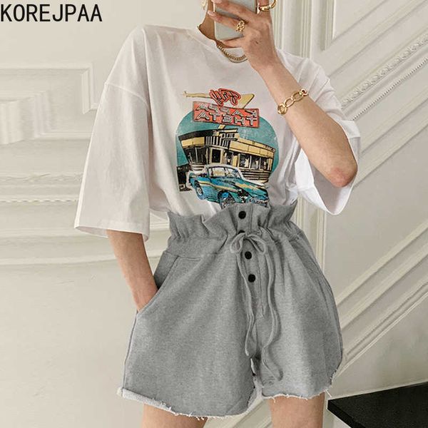 Korejpaa Mulheres Conjunto de Verão Coréia Chic Redução de Idade Redonda Pescoço Impressão Dos Desenhos Animados Solto de Manga Curta T-shirt Botões Calça Casual 210526
