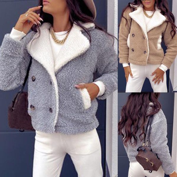 

women's jackets 2021 winter fashion women big lapel contrast warm outerwear buttons cardigan plush thicken female coat #t2g, Black;brown