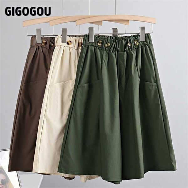 

gigogou big pocket women wide leg pant button elastic high waist loose s skirts knee length fashion casual female 211008, Black;white
