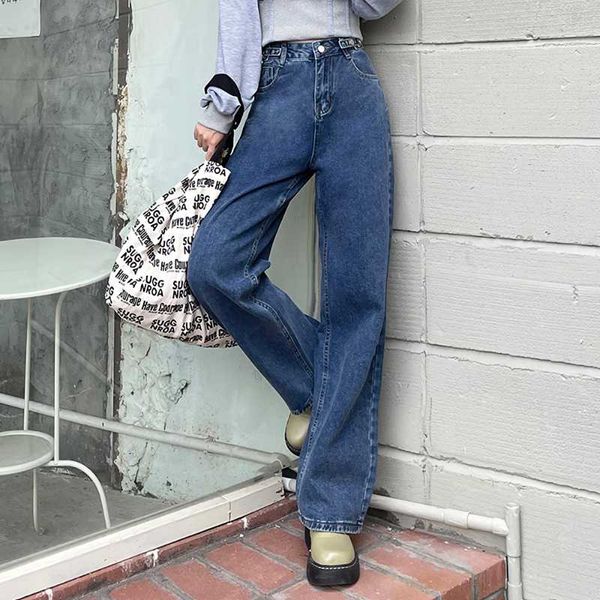 

women's jeans chic women straight wide leg for loose 2021 autumn female high waist casual denim pants trousers streetwear wj332, Blue