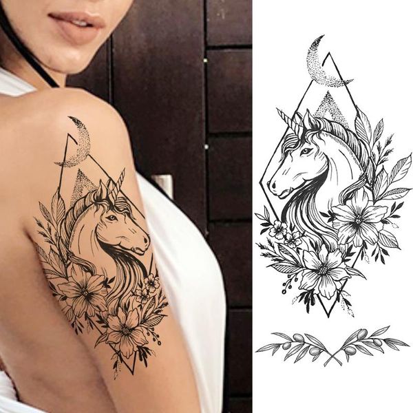 

temporary tattoos waterproof daisy horse stickers women girls black flower fake tattoo body art realistic leaf geometric tatoo