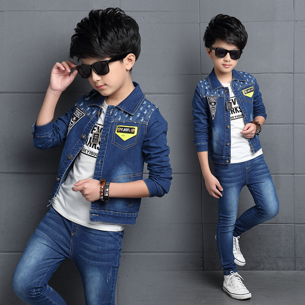 

spring & autumn cowboy boy sets new 2021 korean version fashion denim jacket two-piece handsome punch hole childrens clothing, Blue;gray