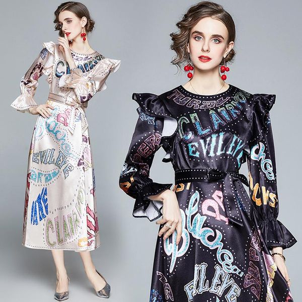 

winter fashion letters printing shows a long dress runway holiday out maxi dresses fall women sleeve casual, Black;gray