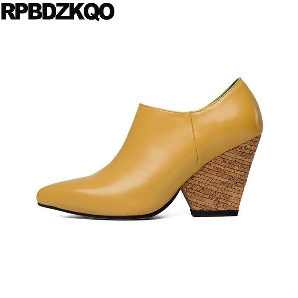 

dress shoes block pumps ladies yellow black size 33 thick genuine leather zipper chunky small 2021 high heels fashion 4 34 pointed toe