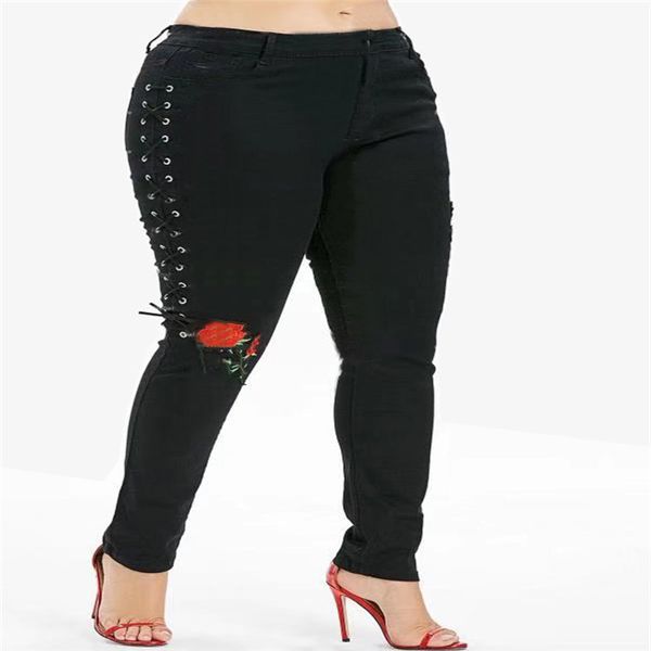 

fashion a pair of jeans 2021 large lace up slim embroidery black girl, Blue