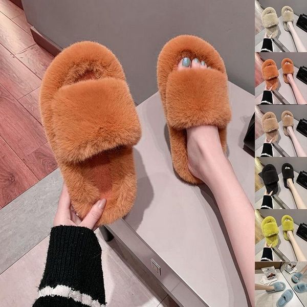

push style woolen winter home slippers warm shoes woman slip on flats slides female faux fur, Black