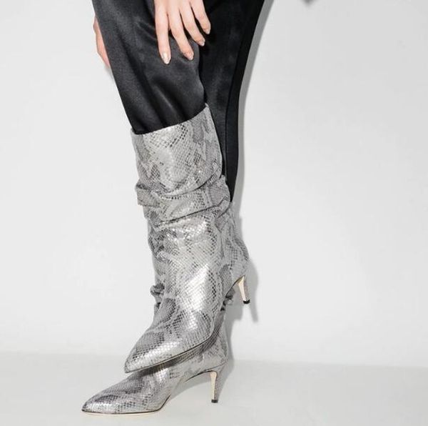 

boots black sliver colorful python pleated mid-calf woman wide calf low thin heels pointed toe slip on short shoes