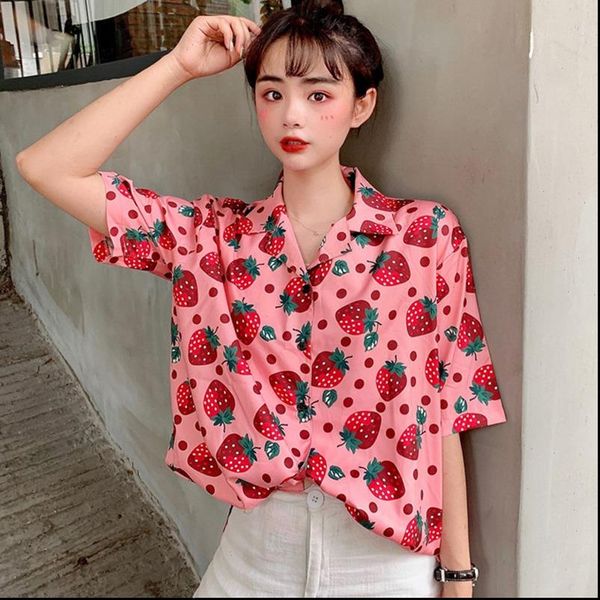 

holiday casual short sleeve women shirts strawberry printed korean summer fashion clothing, White