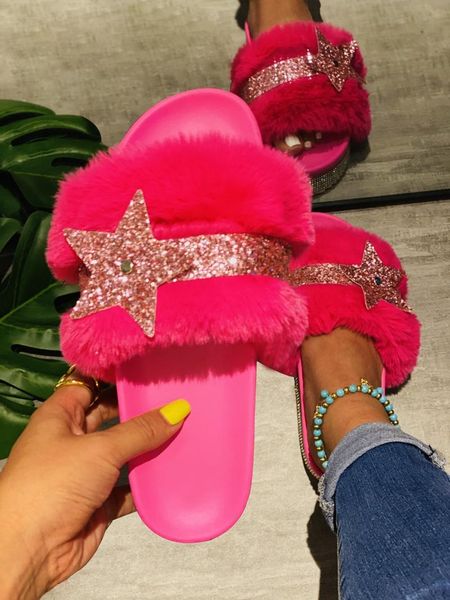 

luxury designer women fur slippers rhinestone bling star decoration platform wedges indoor furry slides casual fashion shoes, Black