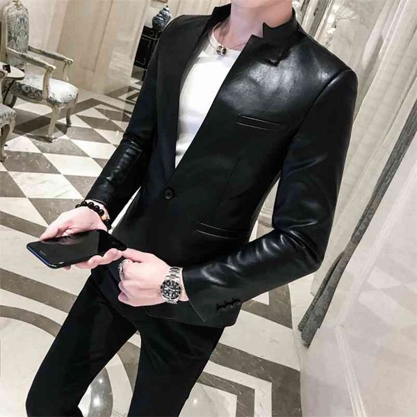 

solid black slim fit blazer hombre pu leather jacket men one button business casual prom blazers for korean suit coat 210904, White;black