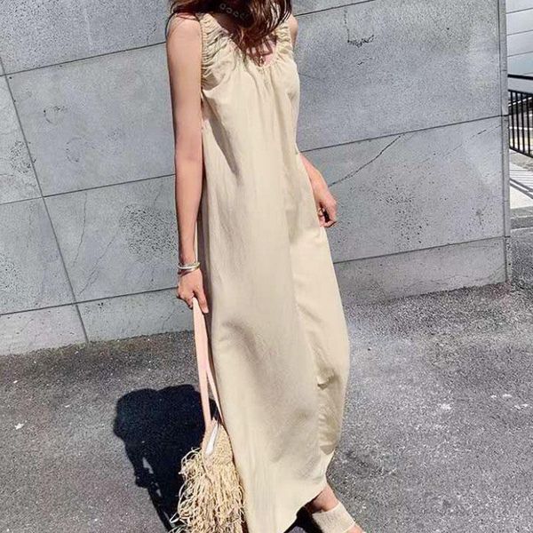 

casual dresses dress women sleeveless 2021 summer simple japanese 0-neck cotton linen vest long korean style solid color, Black;gray