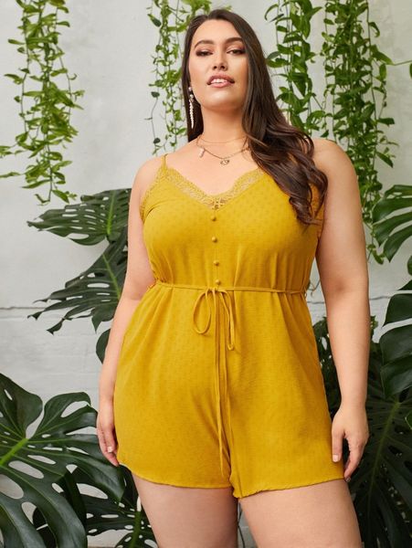 

plus solid contrast lace belted romper t6cm#, Black