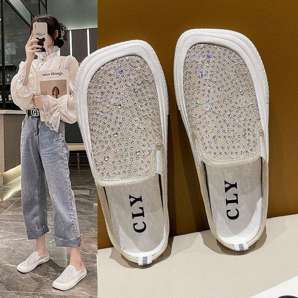 

slippers shoes square toe beaded flat women women's, Black