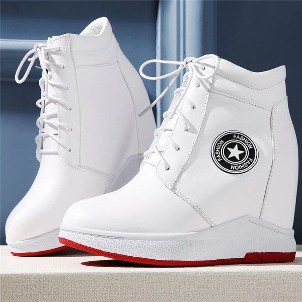 

dress shoes high casual women lace up cow leather wedges heel pumps female round toe chunky platform fashion sneakers, Black